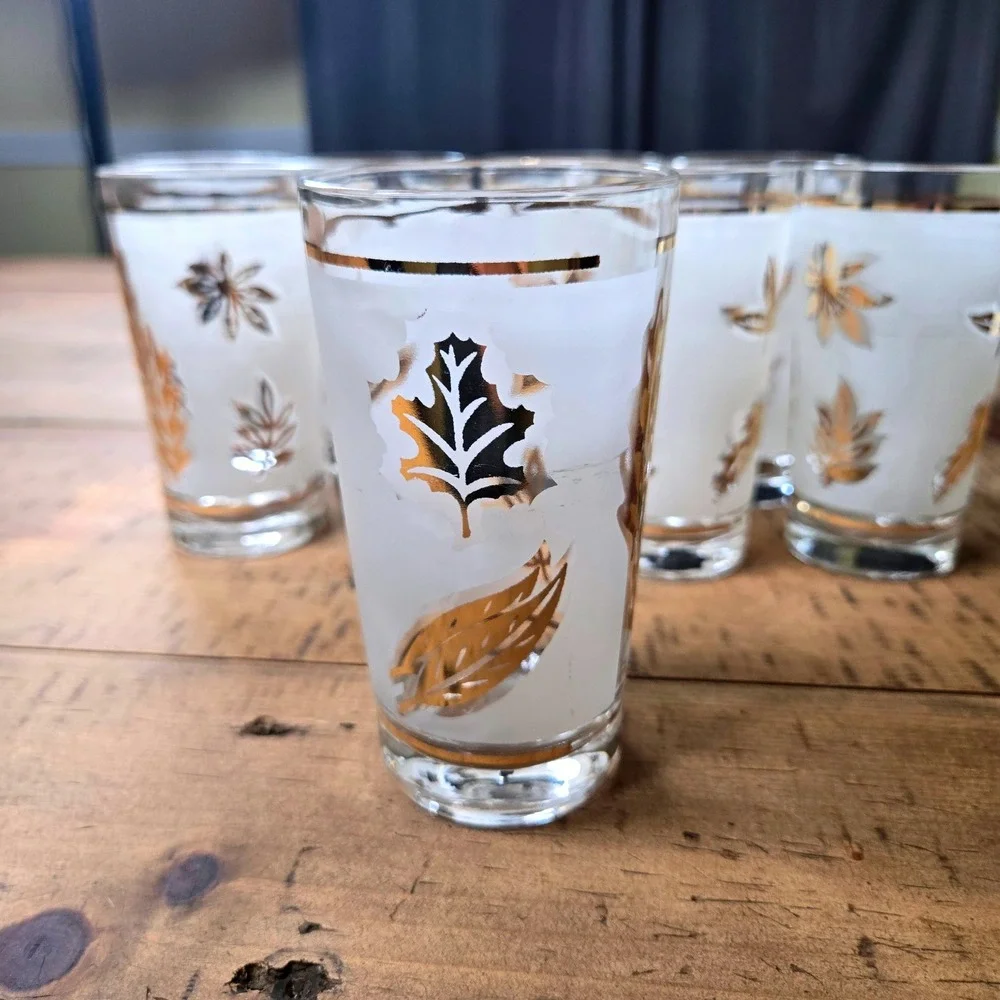 Vintage Libbey Golden Foliage Frosted Highball Glasses Set of 8 Brass Caddy MCM